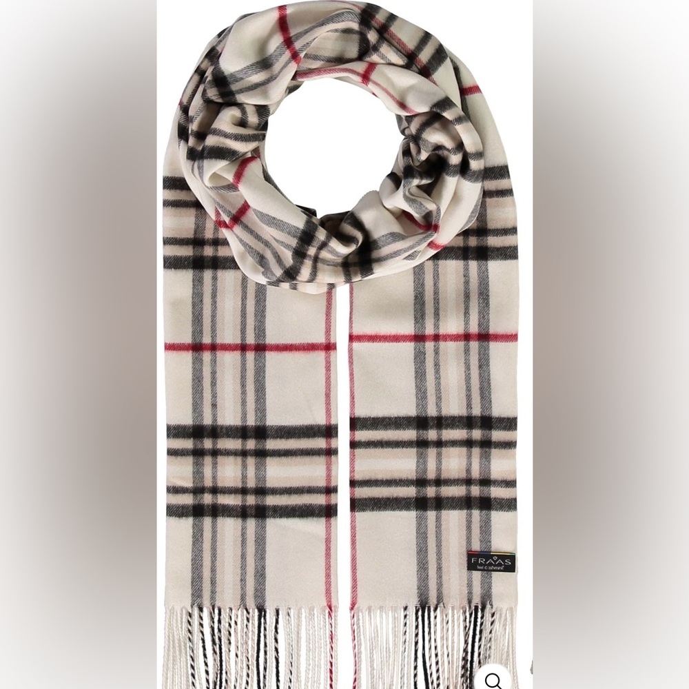 FRAAS CASHMINK Fringe Scarf Unisex Men & Women Plaid Cream Black Red Tan 11x59